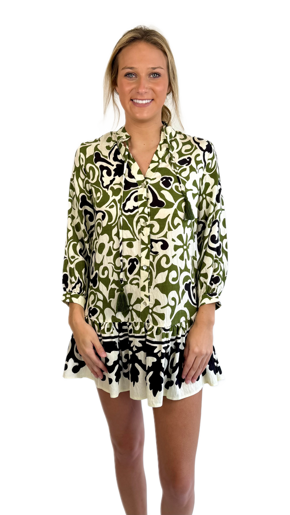 Meet Me in Santorini Olive Scroll Dress