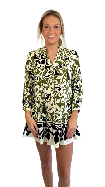 Meet Me in Santorini Olive Scroll Dress