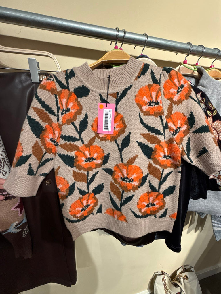 Orange Floral Short Sleeve Sweater in Taupe